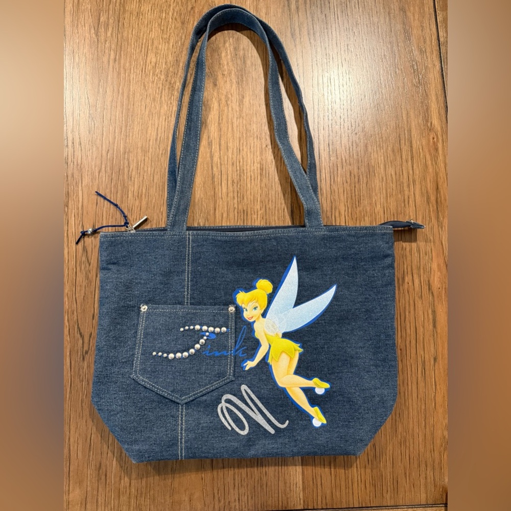 Vintage Disney Tinker Bell Blue Canvas Denim Tote Purse Bag with Zipper Tink